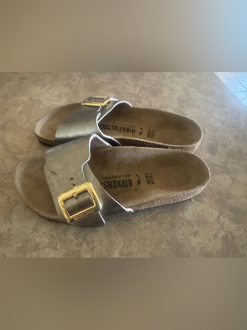 Birkenstock Madrid Suede Single-Band Sandals in Taupe with Gold Buckle Sz 38 7 w
